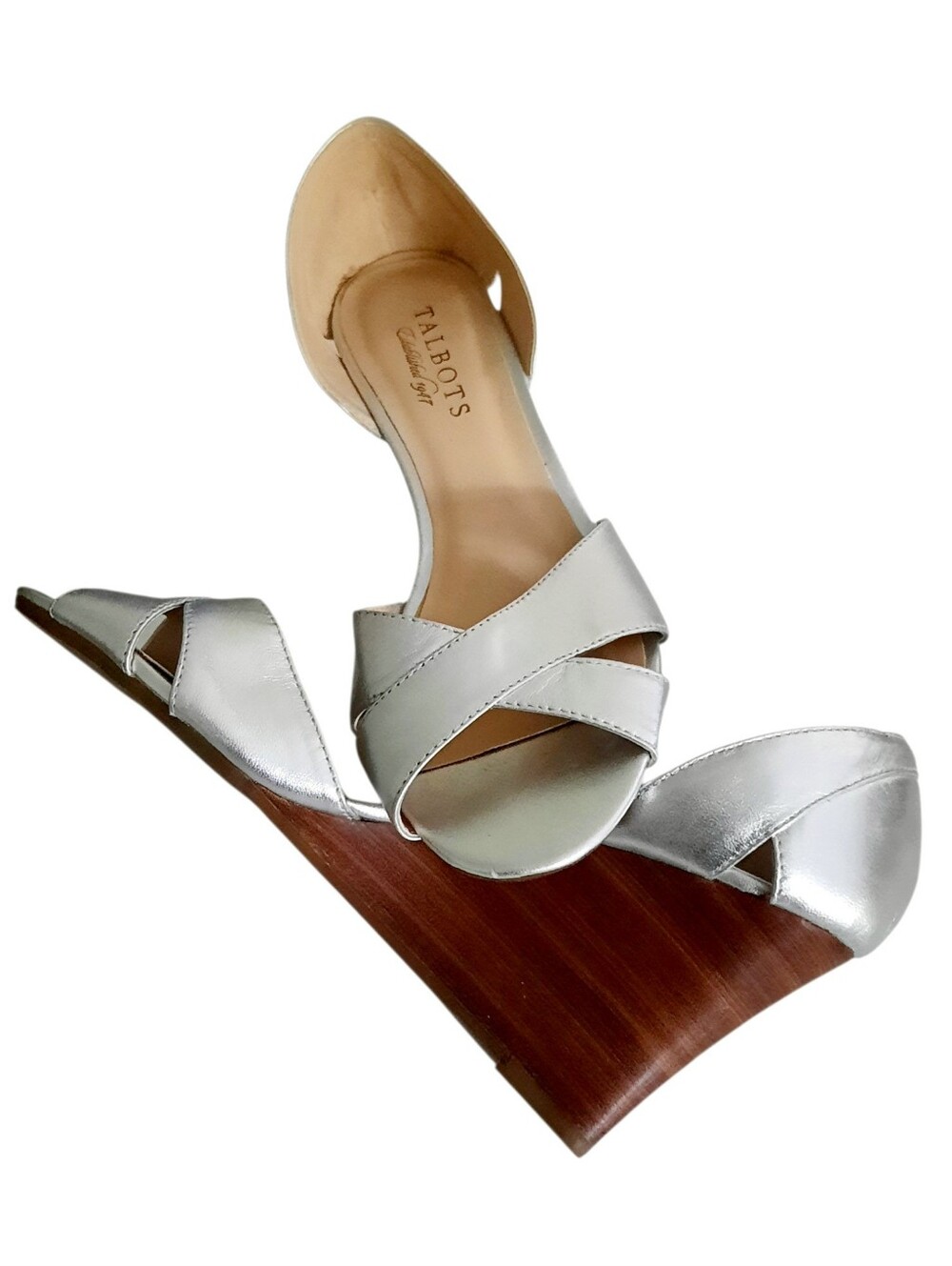 TALBOTS Metallic Silver Leather Criss-Cross  D'Orsay Wedge Heel Sandals Sz 7